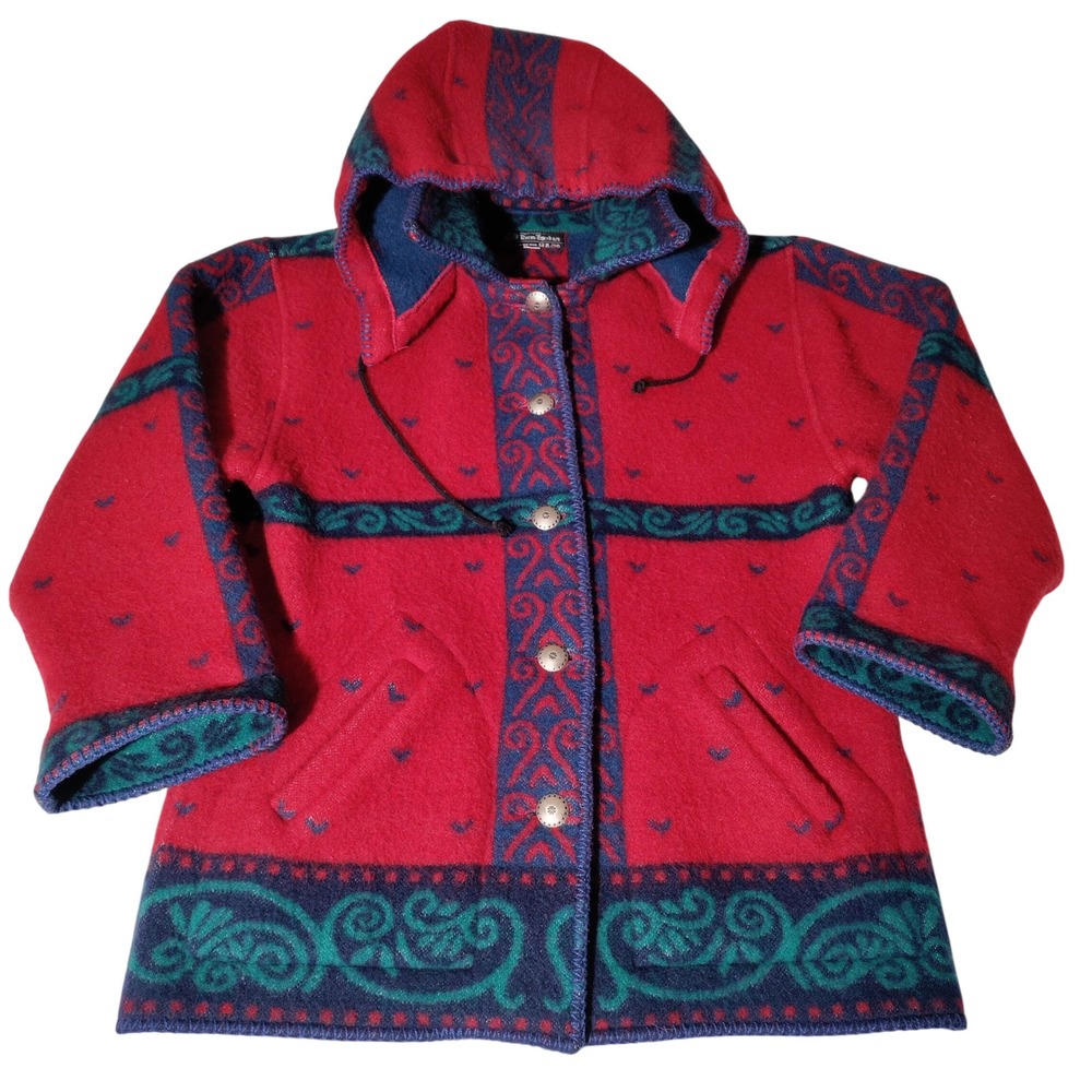 Roros-Tweed Norway Pure New Wool Hooded Jacket Red Nordic Pattern Women Small
